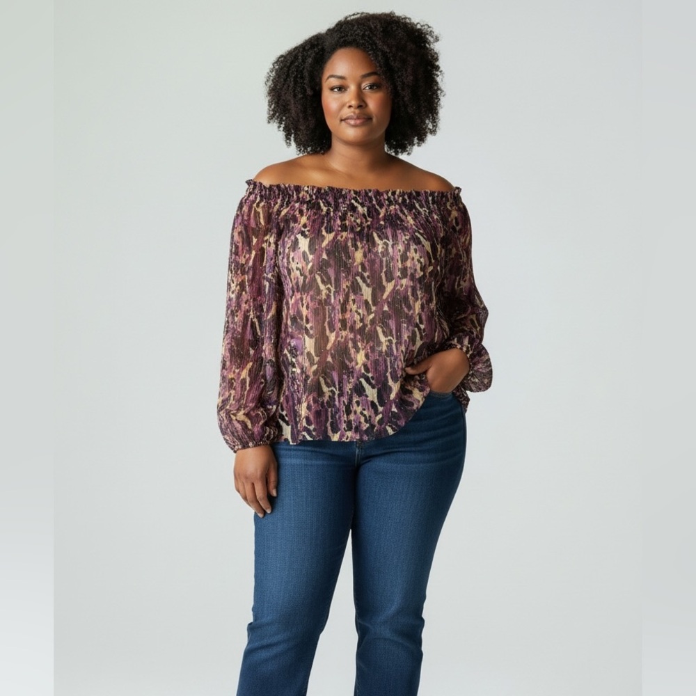 Plus Size 1X Terra & Sky Purple &‎ Cream Romantic Sheer Long Sleeves Top Blouse